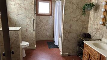 Shower, towels, soap, toilet paper