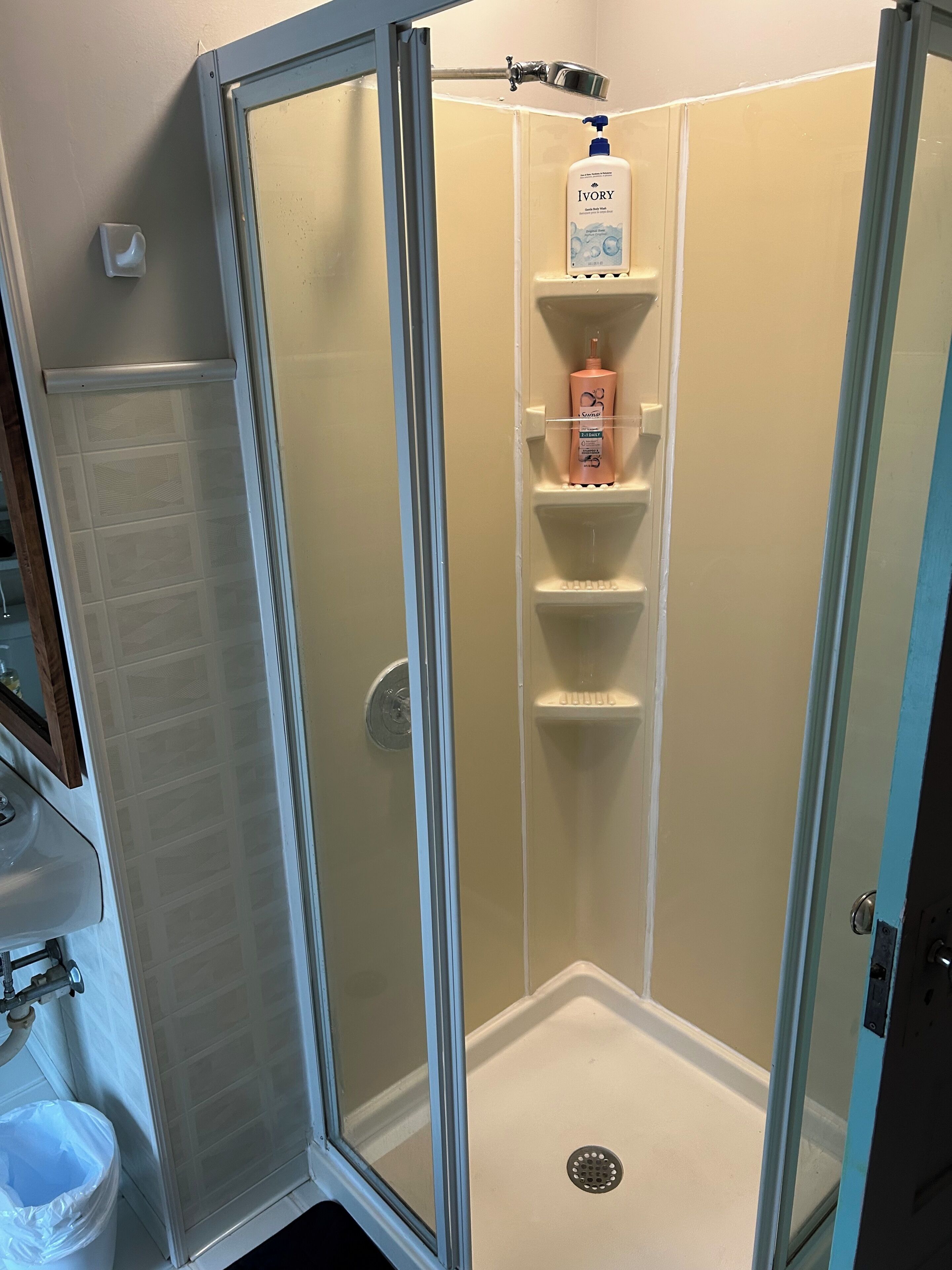 Shower, towels, soap, toilet paper