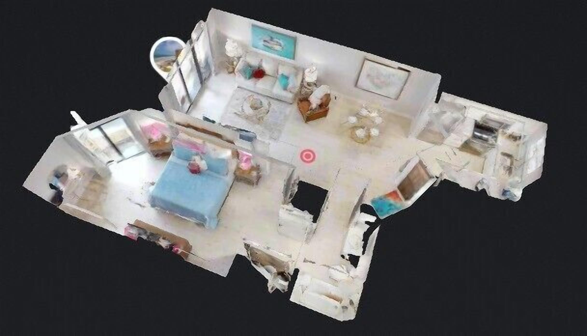 Ein 3D-Grundriss eines Hotelzimmers mit einem Bett, einem Schreibtisch, einem Stuhl, einem kleinen Tisch und einem Fenster.
