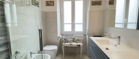 Shower, hair dryer, bidet, towels