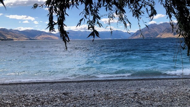 Una playa de guijarros con vistas a montañas y un lago.