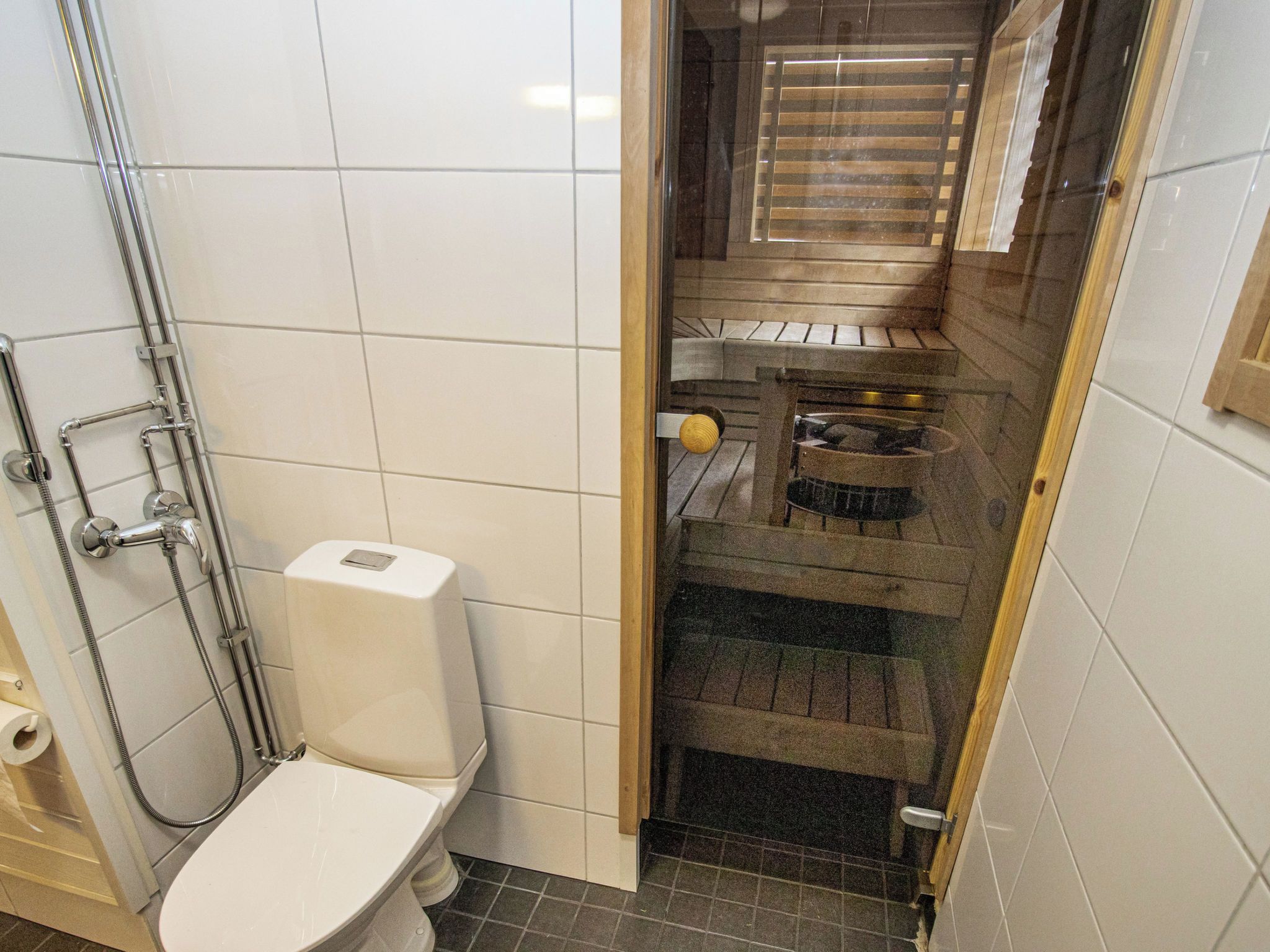 Et badeværelse med toilet, brusebad og et lille trin ned til et flisebelagt område.