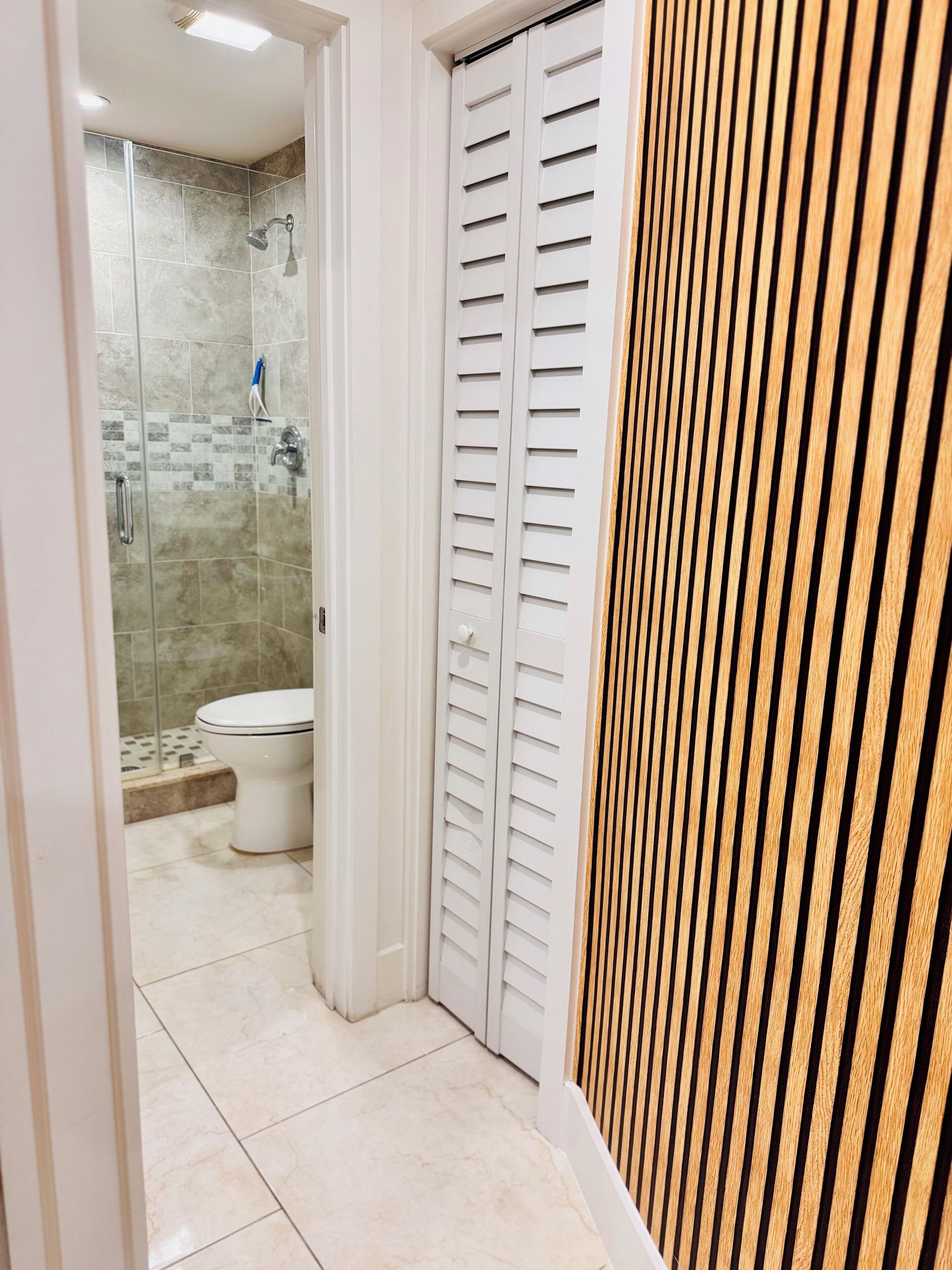 A bathroom with a shower, toilet, and a white door with louvered panels.