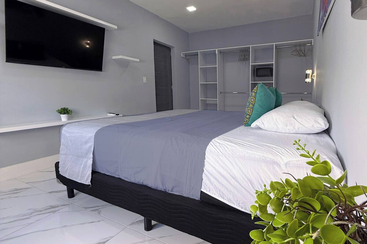 Quarto moderno com cama, estantes embutidas, televisão e uma pequena planta.