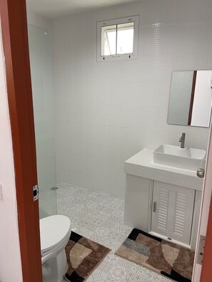 Shower, hair dryer, bidet, towels