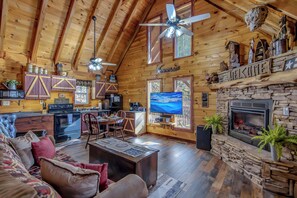 Fernseher, Kamin, Bücher, Stereoanlage