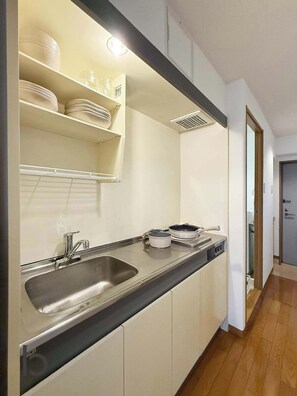 A kitchen with a double sink, a stove, and a shelf with dishes.