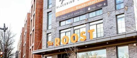 A building with a sign for 'The Roost' and a 'Blackbird' sign above it.