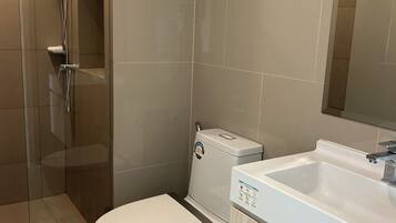 Shower, hair dryer, bidet, towels