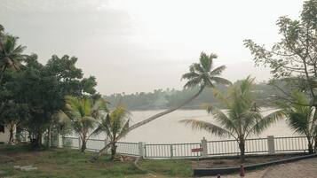 A view of a river with palm trees and a white fence.