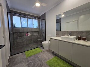 Hair dryer, towels, soap, shampoo