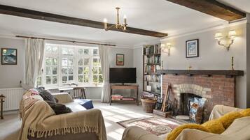 Tv, eldstad, böcker och kontor