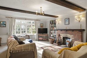 Televisión, chimenea, libros y oficina 