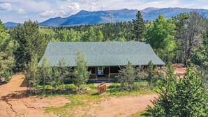 A cabin with a green roof, surrounded by trees and mountains in the background.