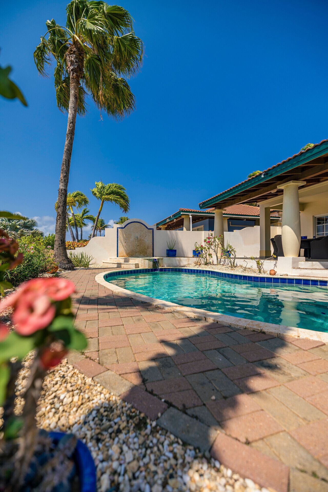 A pool area with palm trees, a tiled deck, and a building with a tiled roof.