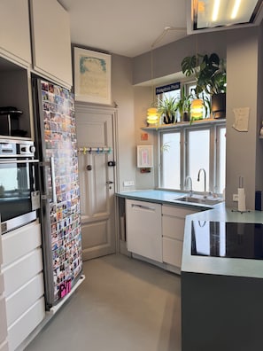 Uma cozinha com geladeira decorada com fotos, pia, fogão e janela com plantas.