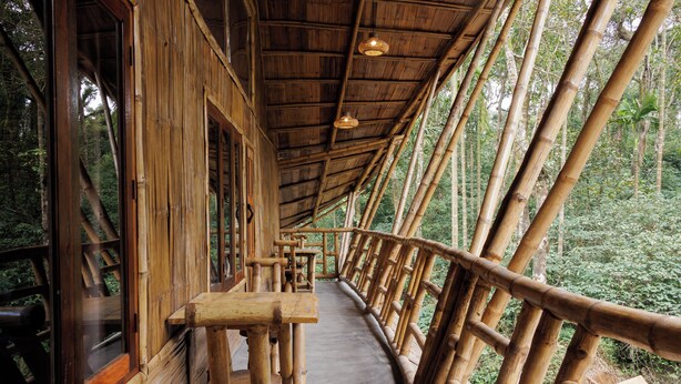 A wooden covered walkway with benches, surrounded by bamboo structures and forested area. - KaatiKaadu (Sakleshpur)