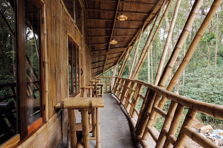 A wooden covered walkway with benches, surrounded by bamboo structures and forested area.