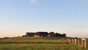 Ländliche Landschaft mit einem großen Scheunengebäude und einem kleineren Haus, umgeben von offenen Feldern und einem Holzzaun.