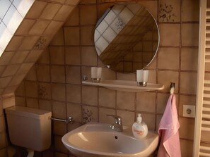 Een badkamer met toilet, wastafel, spiegel en handdoekhouder.