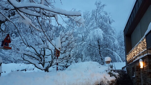 Un espacio exterior cubierto de nieve con un muro de ladrillo, una escalera de madera y un edificio con luces.