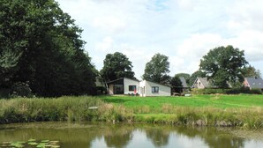 A house with a pond in front, surrounded by grass and trees.