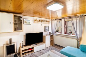 TV, fireplace - Apartment 'Mit Herz' with Shared Terrace, Shared Garden and Wi-Fi (Trendelburg)