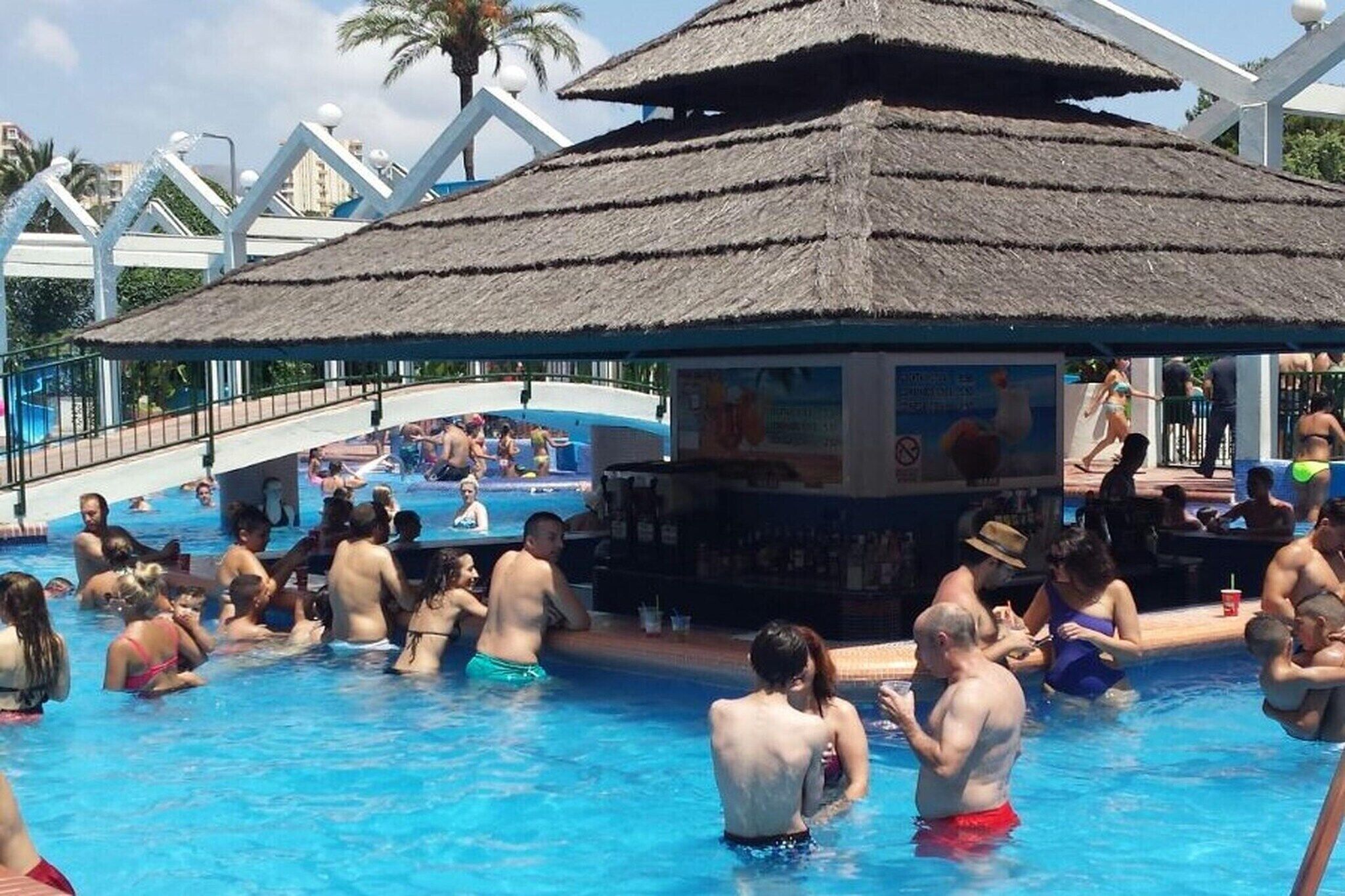 Et poolområde med en struktur med stråtækte tage, en bar og siddepladser ved poolen.