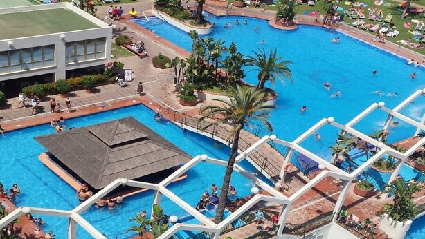 A large outdoor swimming pool with multiple levels and surrounding palm trees.