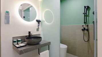 Shower, rainfall showerhead, hair dryer, slippers