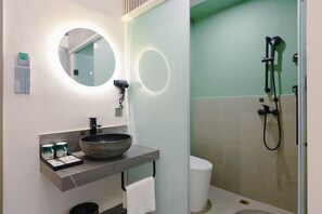 Shower, rainfall showerhead, hair dryer, slippers