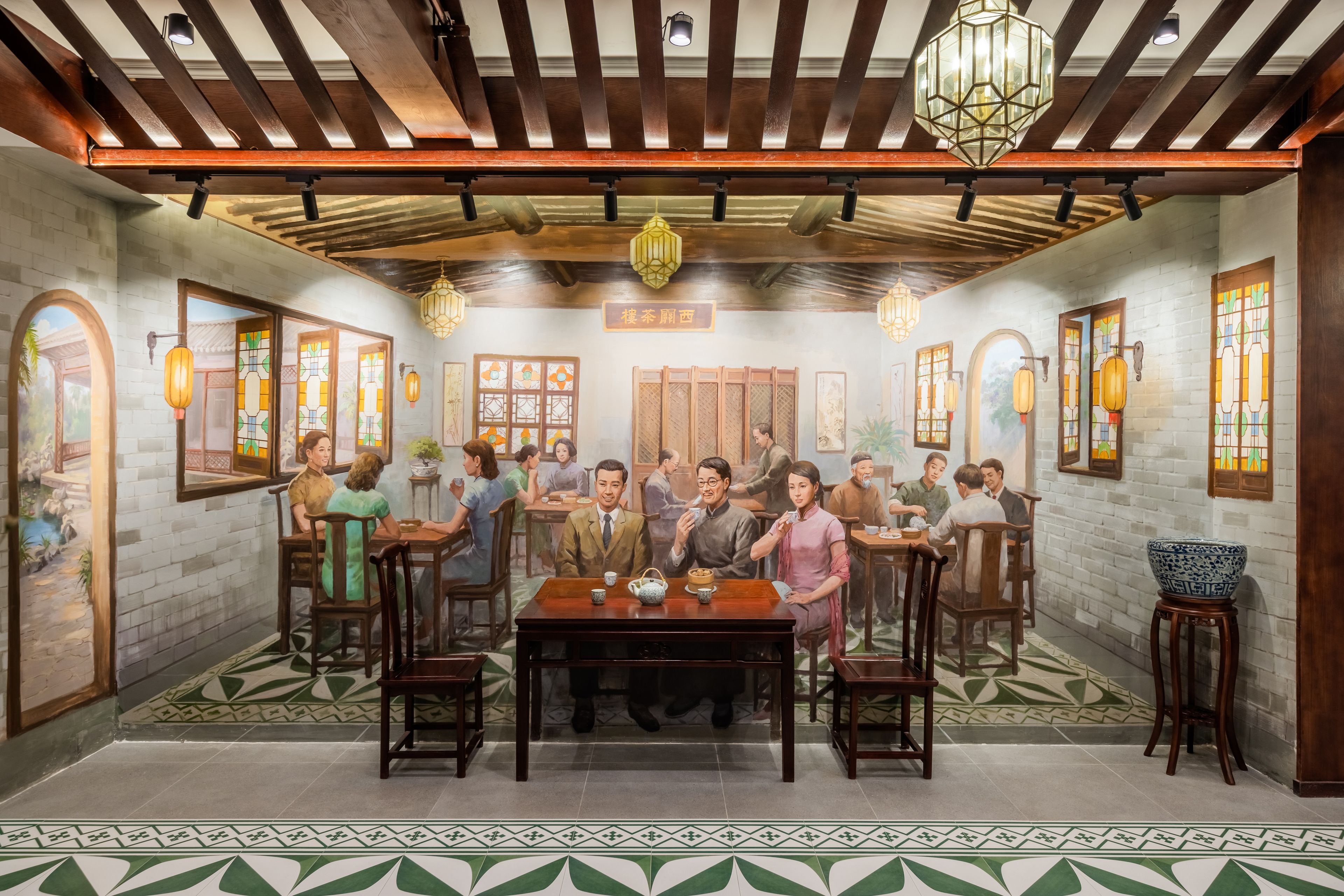 A traditional dining room with wooden beams, tiled floors, and a central table surrounded by chairs.