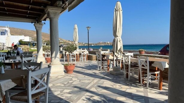 An outdoor patio area with tables and chairs, umbrellas, and potted plants.