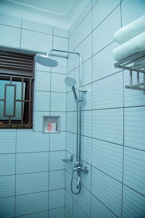 Shower, towels, soap, toilet paper