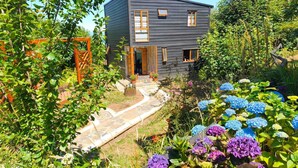 Et moderne hus i to etager med en stensti, der fører til indgangen, omgivet af frodigt grønt og farverige blomster.