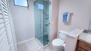 A bathroom with a glass-enclosed shower, a toilet, and a marble countertop.