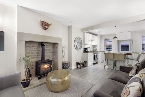 Mökki, jokinäköala | Oleskelualue | 30–tuumainen televisio, jossa digitaalikanavat