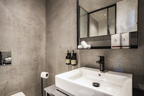 Shower, hair dryer, bathrobes, towels