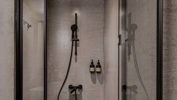 Shower, hair dryer, bathrobes, towels