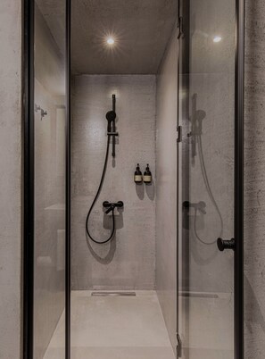 Shower, hair dryer, bathrobes, towels