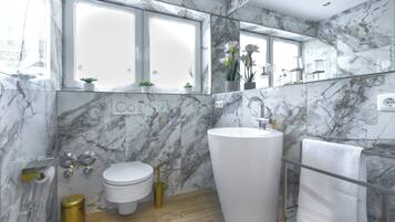 Dusche, Haartrockner, Handtücher, Seife