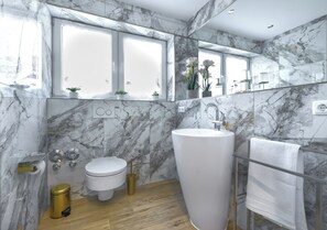 Chuveiro, secador de cabelo, toalhas de banho, sabonete