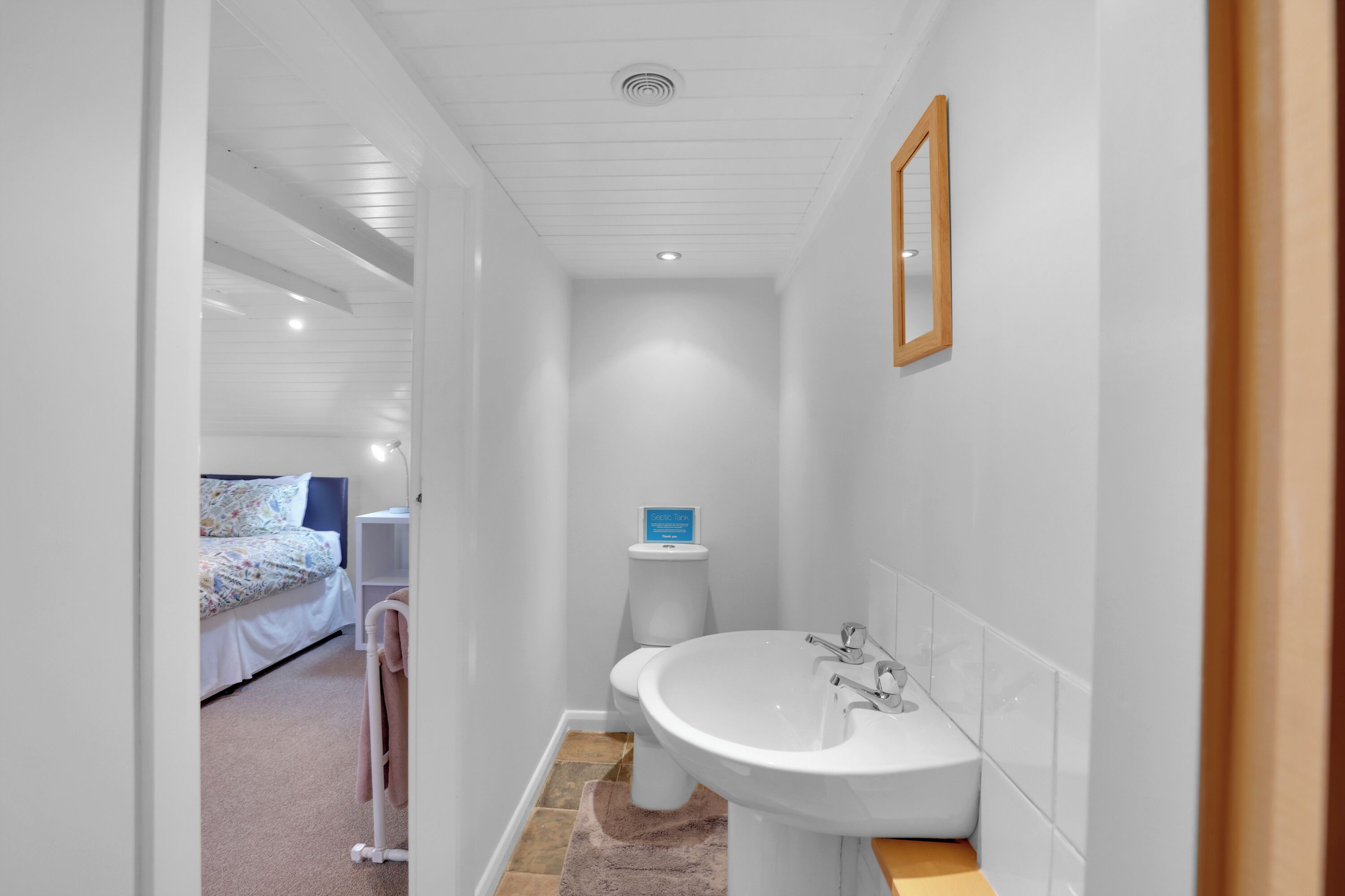 A narrow hallway leading to a bathroom with a sink and toilet. A bed with a blue headboard is visible in the adjacent room.