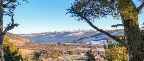 A panoramic view of a mountainous landscape with a lake, surrounded by trees and a small settlement.