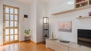 A modern living room with a TV, a small table with a plant, a tall floor lamp, and a painting on the wall. - Beautiful apartment for 4 people with WIFI, A/C and TV (Massa)
