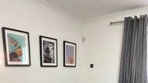 A grey sectional sofa with cushions, a grey carpet, and three framed pictures on the wall.