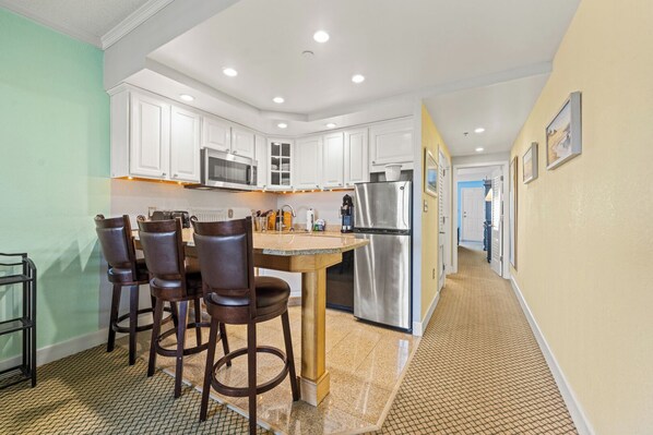 Fridge, microwave, dishwasher, coffee/tea maker