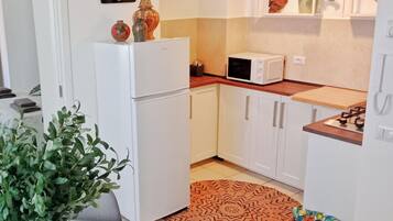 Kühlschrank, Mikrowelle, Herdplatte, Wasserkocher mit Kaffee-/Teezubehör