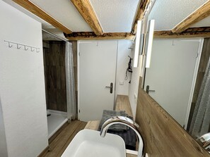 Shower, hair dryer, towels, toilet paper