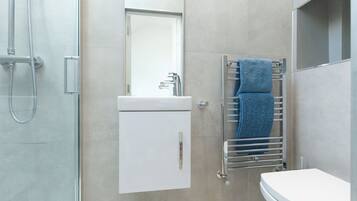 Hair dryer, towels, toilet paper